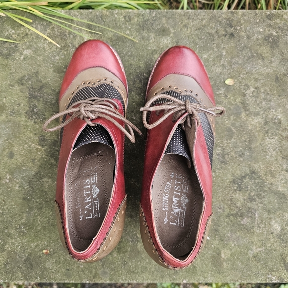 L’artiste Sping‎ Step Bardot Pump Red Brown Leather Heels Oxford Bootie Block - Picture 8 of 8